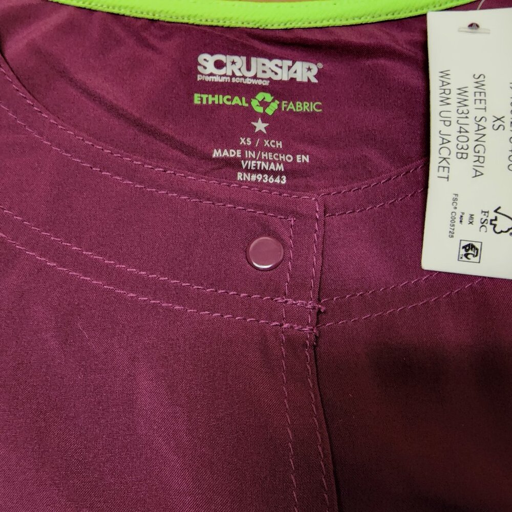 Scrubstar Womens Warm Up Premium Scrub Top XS Jacket Snap Front Stretch Burgundy - Picture 2 of 7